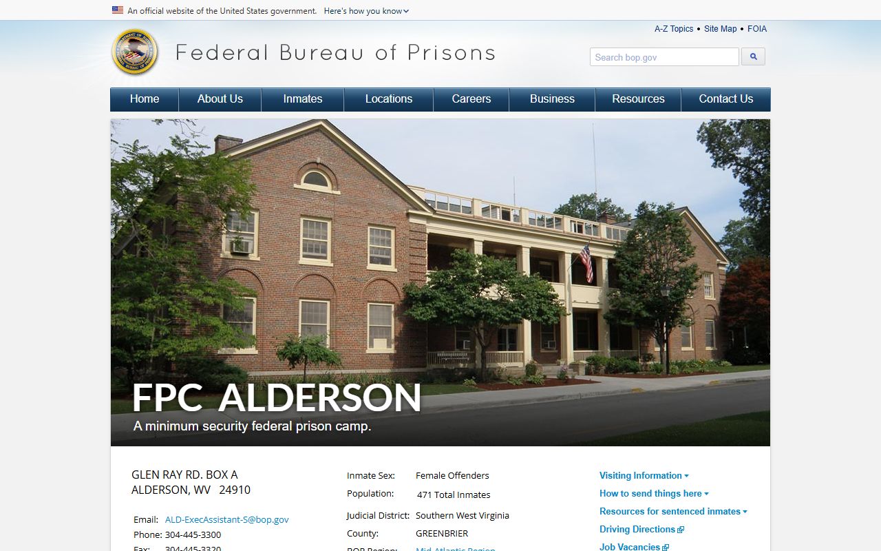 Federal Prison Camp Alderson BOP facility profile and federal inmate population record