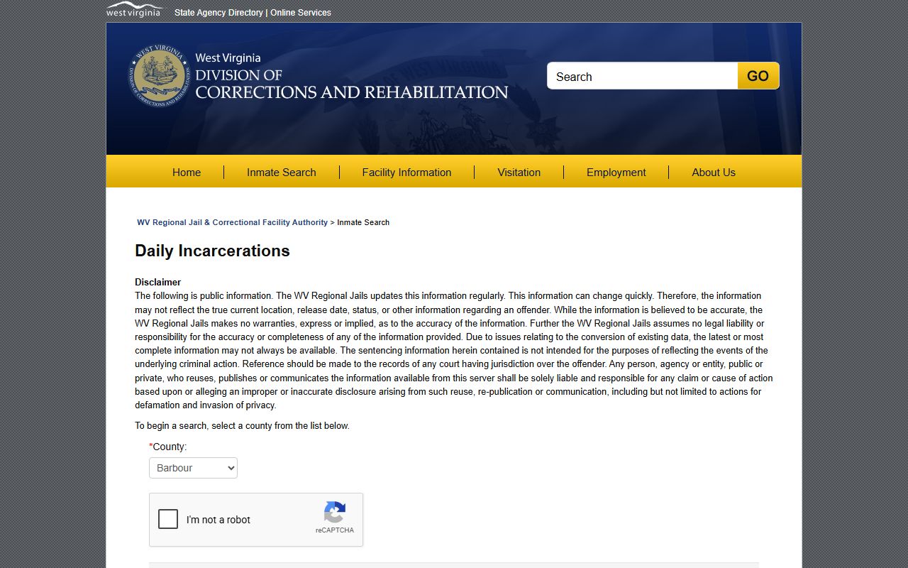Southern Regional Jail daily incarcerations search for Summers County jail records